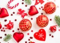 Christmas decoration collection: hearts, branches, Christmas candy, Christmas tree, balls, angel, bell, top view