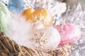 Christmas decoration from colorful decorative celluloid mittens with white bird fluff in nest. Element of Christmas