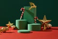 Christmas decoration concept with golden accessory and empty podiums displayed on green background