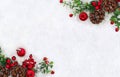 Christmas decoration. Cones pine, twigs christmas tree, red berries and apples on snow with space for text. Top view, flat lay Royalty Free Stock Photo