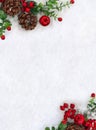 Christmas decoration. Cones pine, twigs christmas tree, red berries and apples on snow with space for text. Top view, flat lay Royalty Free Stock Photo