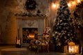 Christmas decoration in cozy house loft, fireplace Christmas tree guitar chair decoration toy boxes rug, candles, lantern candle