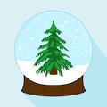 Christmas decoration, crystal ball. Christmas snowball with Christmas tree and snowflakes. Holiday symbol isolated on blue