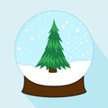 Christmas decoration, crystal ball. Christmas snowball with Christmas tree and snowflakes. Holiday symbol isolated on blue