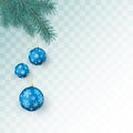 Christmas decoration elements isolated on transparent background. Fir twigs and blue Christmas balls with snowflakes ornament. Royalty Free Stock Photo