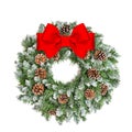 Christmas decoration evergreen wreath cones red ribbon bow Royalty Free Stock Photo