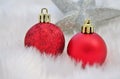 christmas bauble Red silver decoration with fake snow made of white fur Royalty Free Stock Photo