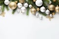 Christmas decoration with fir branches and baubles on a white background with copy space. AI generated Royalty Free Stock Photo