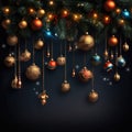 Christmas decoration with fir branches, garlands and gold, red, blue christmas balls on dark background. Royalty Free Stock Photo