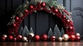 Christmas decoration with fir branches and red bauble with xmas decoration on a dark wall room background,Generative Ai