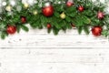 Christmas decoration with fir branches, snowflake on white board wooden background with copy space Royalty Free Stock Photo
