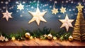 Christmas decoration with fir branches, stars and snowflakes on wooden background Royalty Free Stock Photo