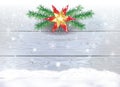 Christmas decoration fir twigs garland snowfall, wooden background. Royalty Free Stock Photo