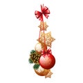 Christmas decoration in the form of a bundle red and golden glass balls and baubles isolated on white background. Design