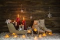 Christmas decoration with four burning candles and old vintage o Royalty Free Stock Photo