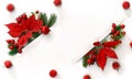 Christmas decoration. Frame of flowers of red poinsettia, branch christmas tree, apple, red berry with white paper card note Royalty Free Stock Photo