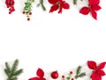 Christmas decoration. Frame of flowers of red poinsettia, branch christmas tree, ball, red berry on a white background Royalty Free Stock Photo