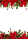 Christmas decoration. Frame of flowers of red poinsettia, branch christmas tree, ball, red berry on a white background Royalty Free Stock Photo