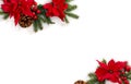 Christmas decoration. Frame of flowers of red poinsettia, branch christmas tree, pine cones, ball, red berries on a white Royalty Free Stock Photo