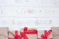Christmas decoration, gift box and pine tree branches on wooden background, preparation for holiday concept, Happy New Year and Xm Royalty Free Stock Photo