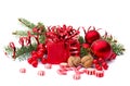 Christmas decoration. Gift box, red balls, red berries, christmas tree, candy, nuts on snow on white background with space for tex Royalty Free Stock Photo