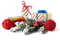 Gift boxes and red envelope on a white background.