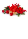 Christmas decoration. Gift boxes with red ribbon, flower of red poinsettia, balls, twigs christmas tree, red berries on white Royalty Free Stock Photo