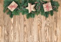 Christmas decoration gift boxes wooden background Royalty Free Stock Photo