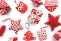 Christmas decoration - gifts, stars, owles and hearts on white background Royalty Free Stock Photo