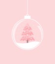 Christmas decoration glass ball with a Christmas tree inside on a pink background. Vector illustration Royalty Free Stock Photo
