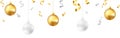 Christmas decoration. Gold and silver balls on white backdrop. Falling confetti and tinsel. Winter greeting card or Royalty Free Stock Photo