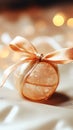 Christmas decoration with golden bow on bokeh background, closeup Royalty Free Stock Photo