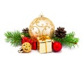 Christmas decoration golden and red balls with fir cones and fir tree branches isolated on a white background Royalty Free Stock Photo