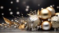 Christmas decoration with golden and silver baubles on wooden background. Royalty Free Stock Photo