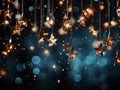 Christmas decoration with golden stars on dark blue bokeh background. Royalty Free Stock Photo