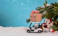 Christmas decoration with golf car and gift for winter season Royalty Free Stock Photo