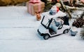 Christmas decoration with golf car and gift for winter season on December Royalty Free Stock Photo