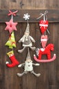 Christmas decoration handmade toys on wooden background Royalty Free Stock Photo