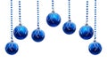 Christmas decoration. Hanging blue balls on abstract yellow golden background with space for text Royalty Free Stock Photo