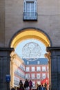 Christmas decoration hanging from an entrance gate of the Plaza Mayor, Madrid, Spain Royalty Free Stock Photo