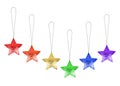 Christmas decoration hanging stars baubles set LGBTQ community rainbow flag color white background isolated closeup, LGBT New Year Royalty Free Stock Photo