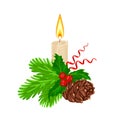 Christmas decoration with holly berry, fir branch, cone and burning candle. Royalty Free Stock Photo