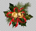 Christmas decoration holly fir wreath bow golden bells element vector transparent background Royalty Free Stock Photo