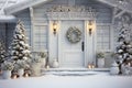 Christmas decoration of house door, home exterior on winter holiday, front view of wooden white entrance with wreath, snow and Royalty Free Stock Photo