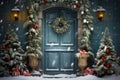 Christmas decoration of house door, home exterior on winter holiday