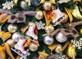 Christmas decoration with ice skating shoes, balls and hearts