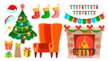 Christmas Decoration Icons Vector. Fireplace, Sock, Chair, Christmas Tree, Gifts, Lights, Hat. Isolated Flat Cartoon