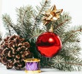 Christmas decoration isolated , white background for post card greetings, toy design on tree macro xmas, ball and drum Royalty Free Stock Photo