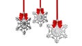 Christmas decoration isolated on white background, Snowflakes hanging wirh red ribbons