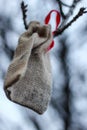 Christmas decoration made of jute sack and red ribbon Royalty Free Stock Photo